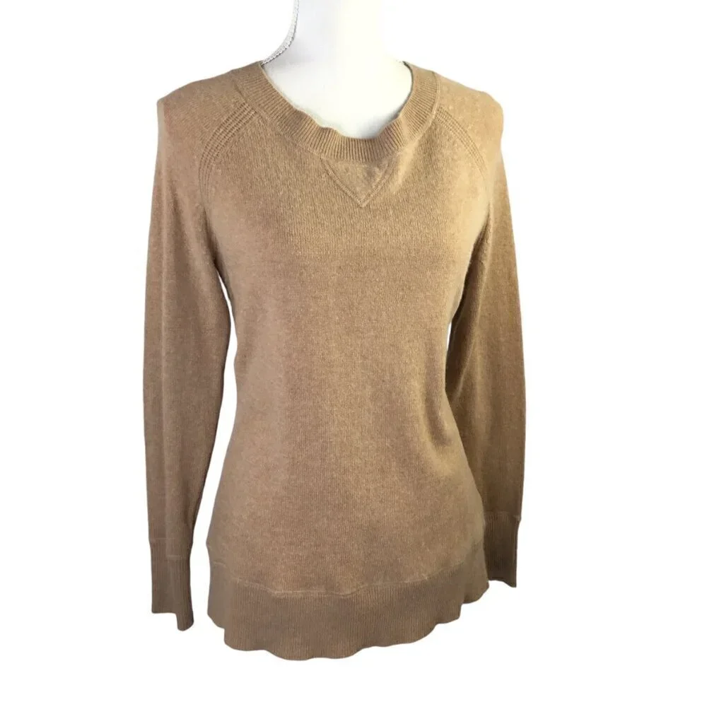 Vertical Design Cashmere Wool Blend Sweater Long Sleeve Beige Size M Elbow Patch - Picture 8 of 8